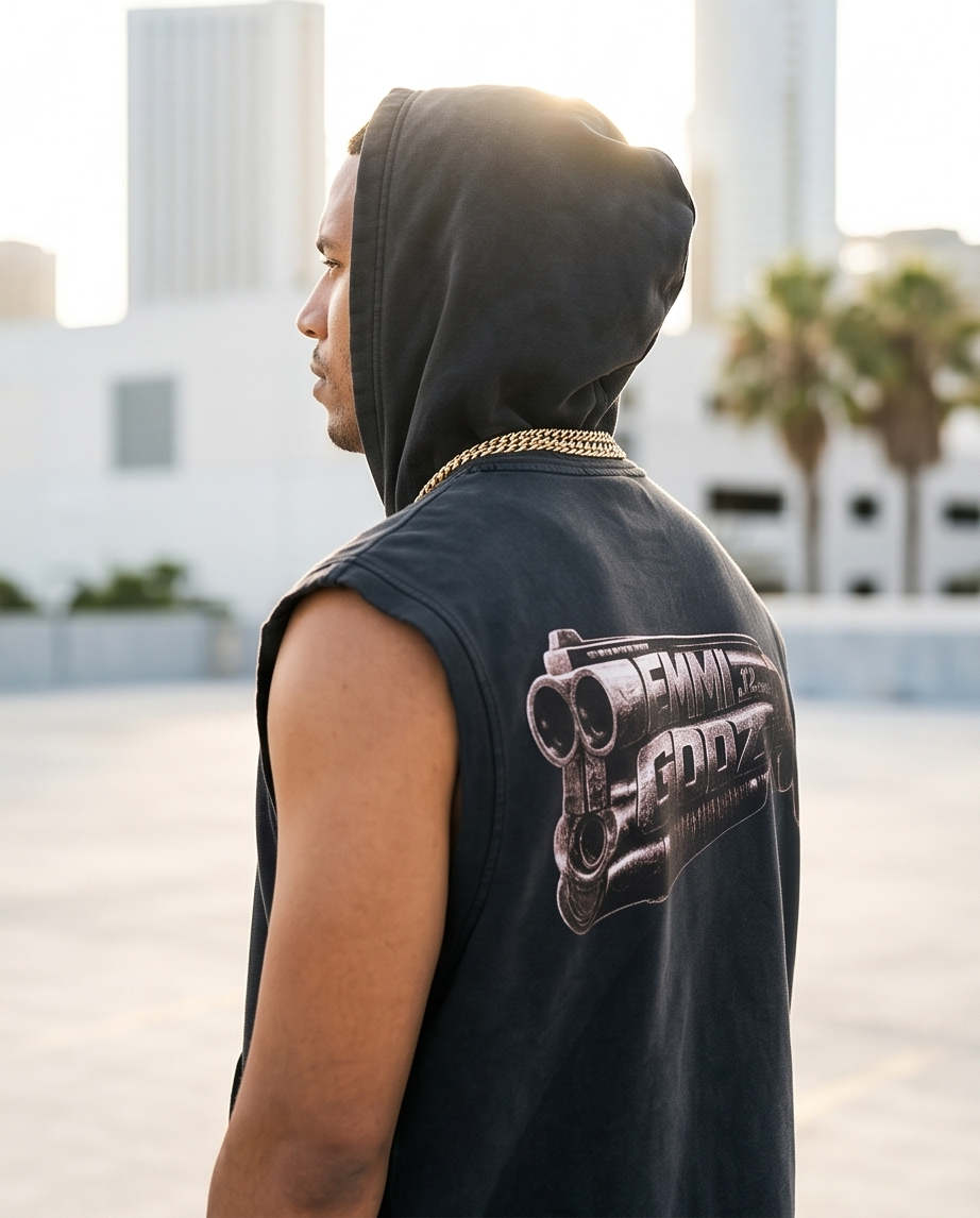Vintage Washed Cut-Off Zipper Hoodie — Tattered Hem, 2XL (John Wick Vibe)