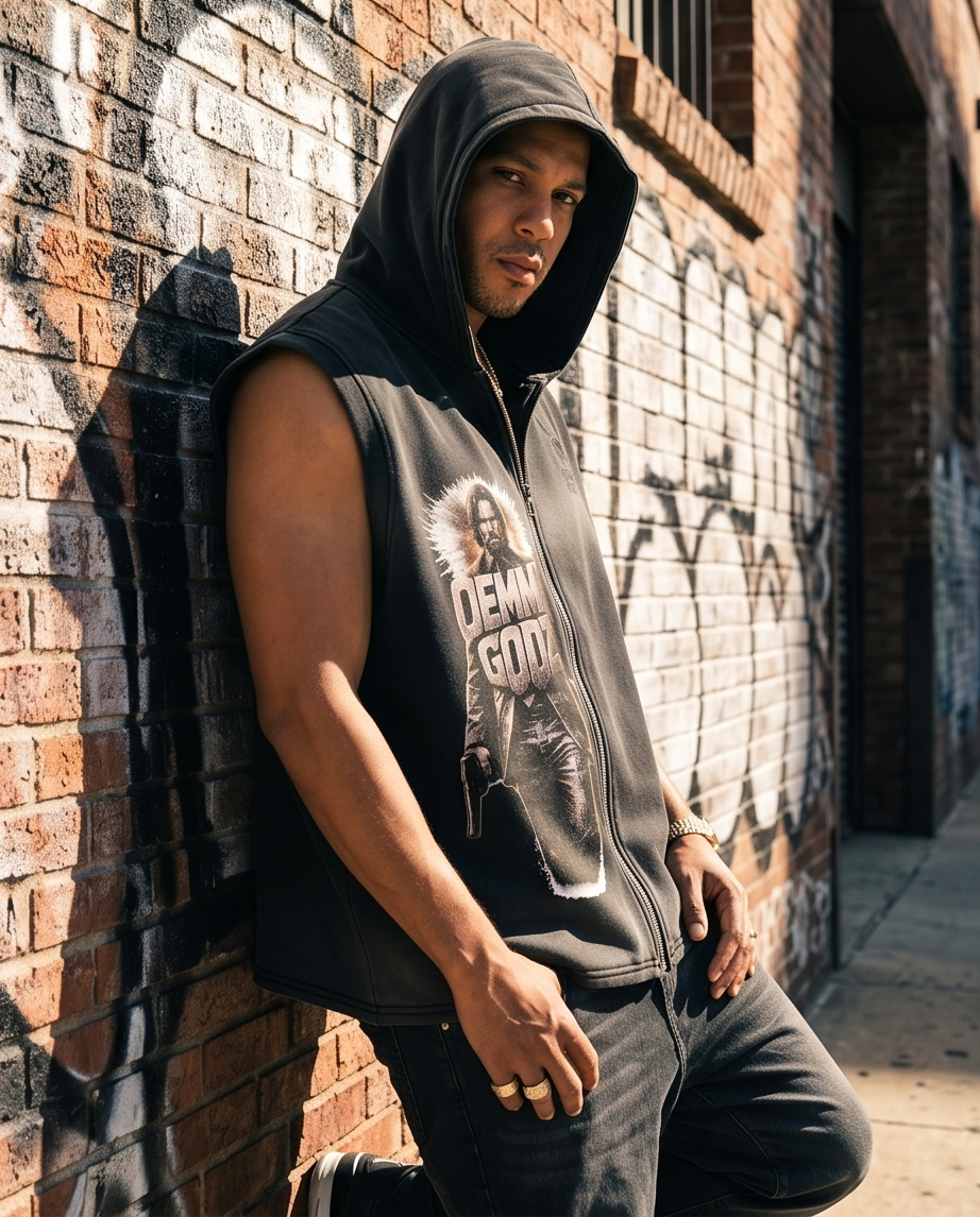 Vintage Washed Cut-Off Zipper Hoodie — Tattered Hem, 2XL (John Wick Vibe)