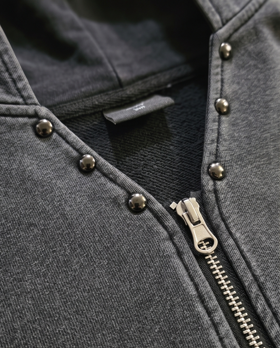 Vintage Washed Cut-Off Zipper Hoodie — Tattered Hem, 2XL (John Wick Vibe)