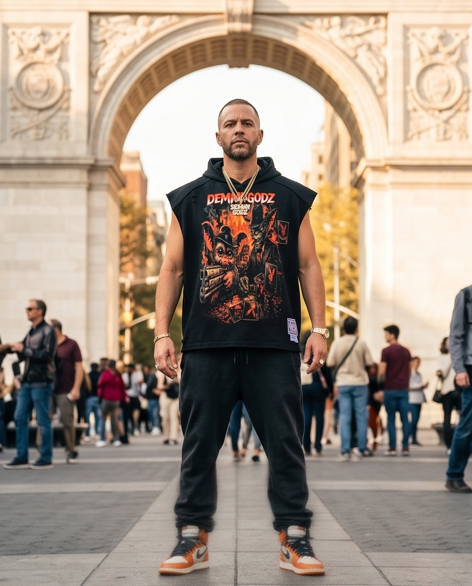 "Aces Gremlin" — Black Vintage Washed Cutoff Hoodie (L) — One‑of‑a‑Kind