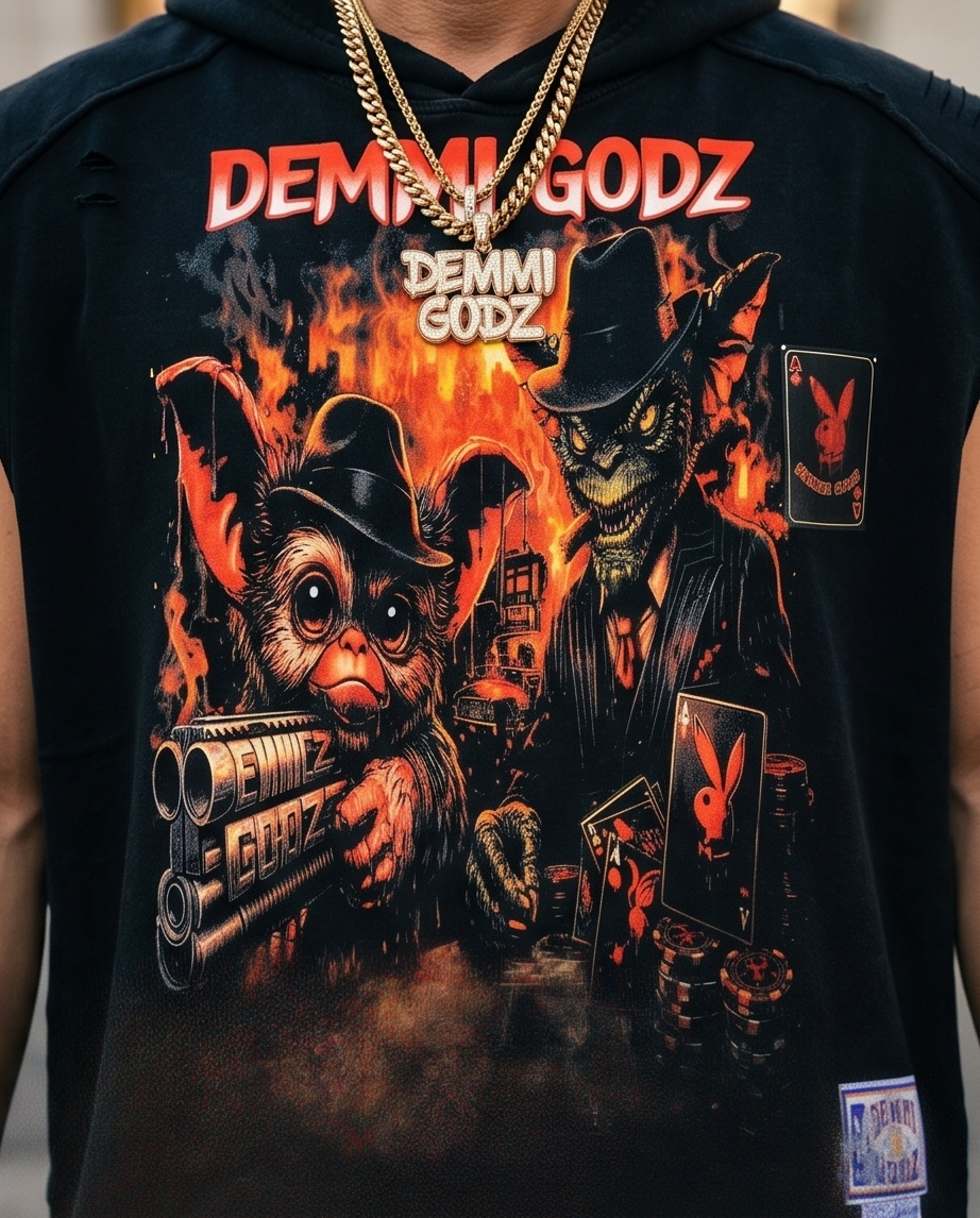 "Aces Gremlin" — Black Vintage Washed Cutoff Hoodie (L) — One‑of‑a‑Kind