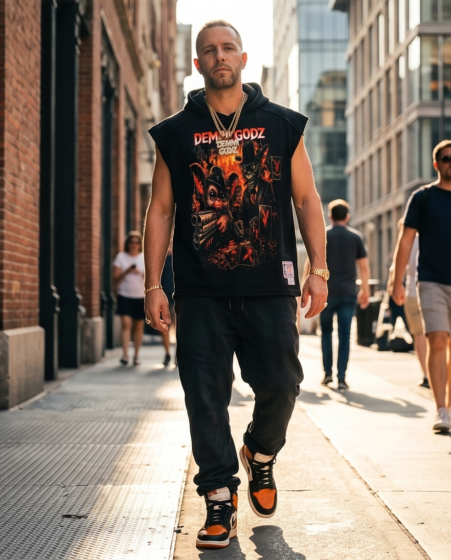 "Aces Gremlin" — Black Vintage Washed Cutoff Hoodie (L) — One‑of‑a‑Kind