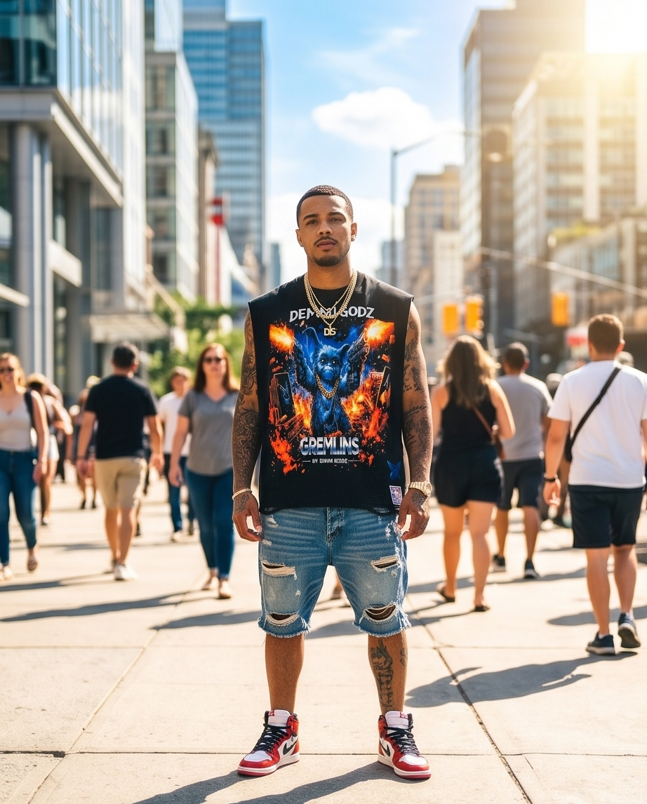 "Gangster Gremlin" — Black Vintage Washed Tank Top, XL (Streetwear, One-of-a-Kind)