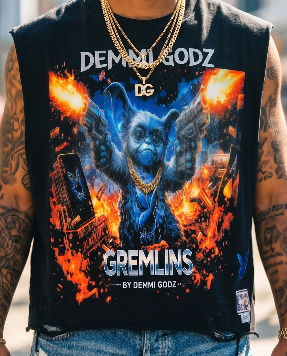"Gangster Gremlin" — Black Vintage Washed Tank Top, XL (Streetwear, One-of-a-Kind)
