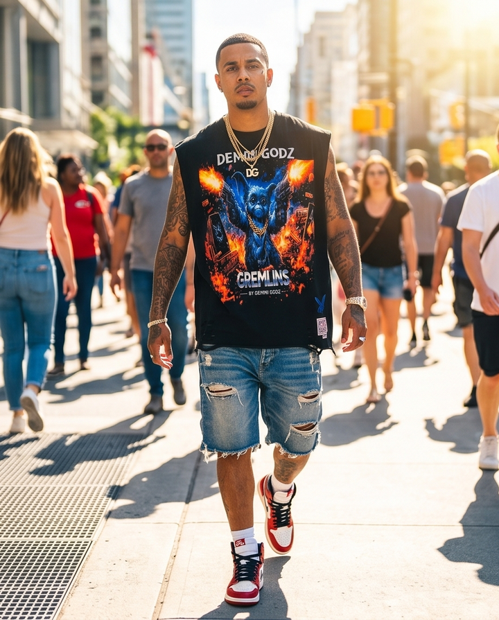 "Gangster Gremlin" — Black Vintage Washed Tank Top, XL (Streetwear, One-of-a-Kind)