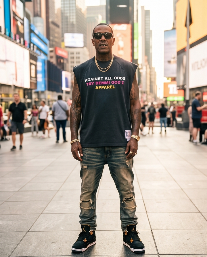 "Above All Odds" — Black Vintage Washed Cut-Off Tee, Distressed Sleeves, Size L (One‑of‑a‑Kind)
