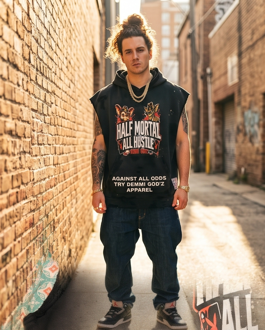 Black Vintage Washed Frayed Fleece Hoodie —  XLarge — "Half Mortal Gremlins" (Streetwear, One‑of‑a‑Kind)