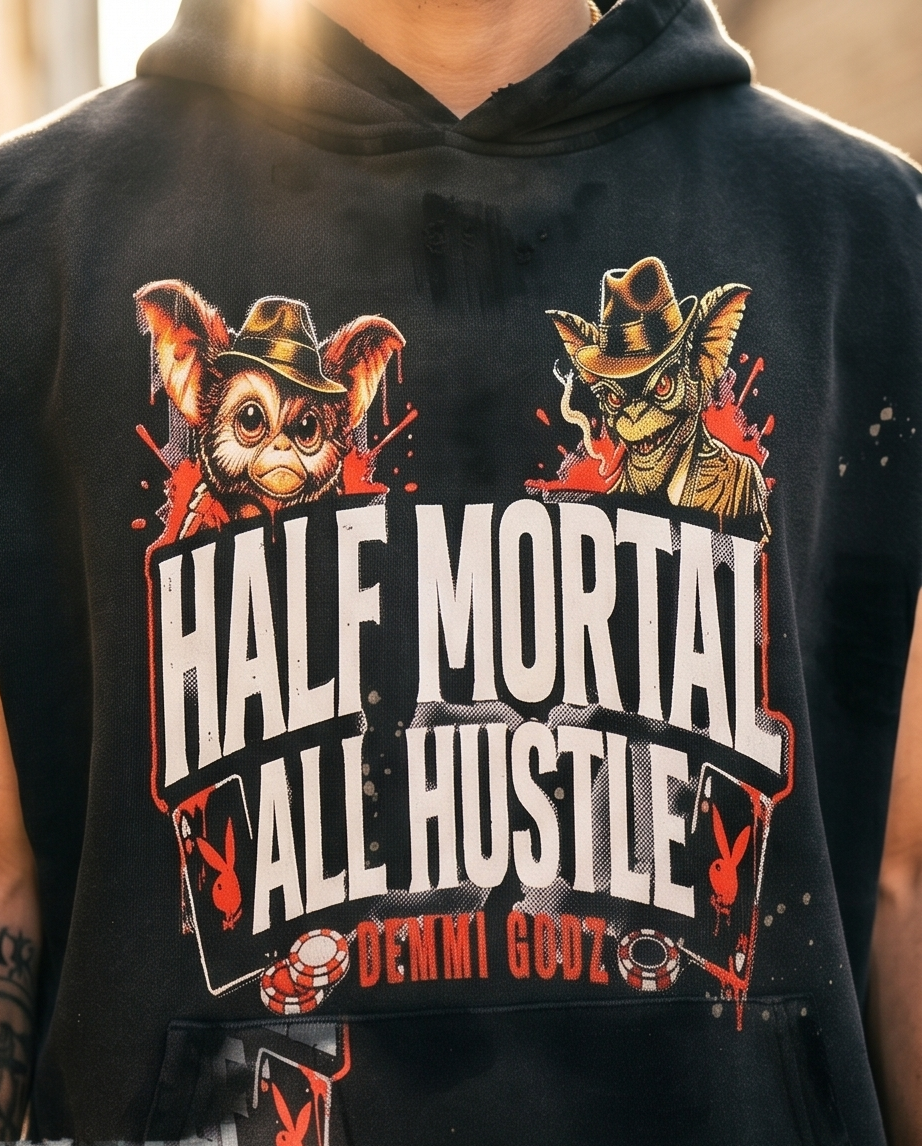 Black Vintage Washed Frayed Fleece Hoodie —  XLarge — "Half Mortal Gremlins" (Streetwear, One‑of‑a‑Kind)