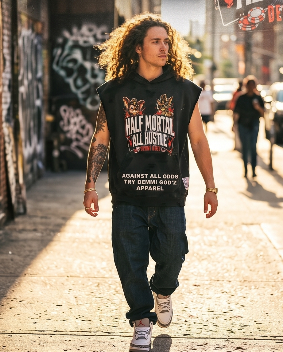 Black Vintage Washed Frayed Fleece Hoodie —  XLarge — "Half Mortal Gremlins" (Streetwear, One‑of‑a‑Kind)