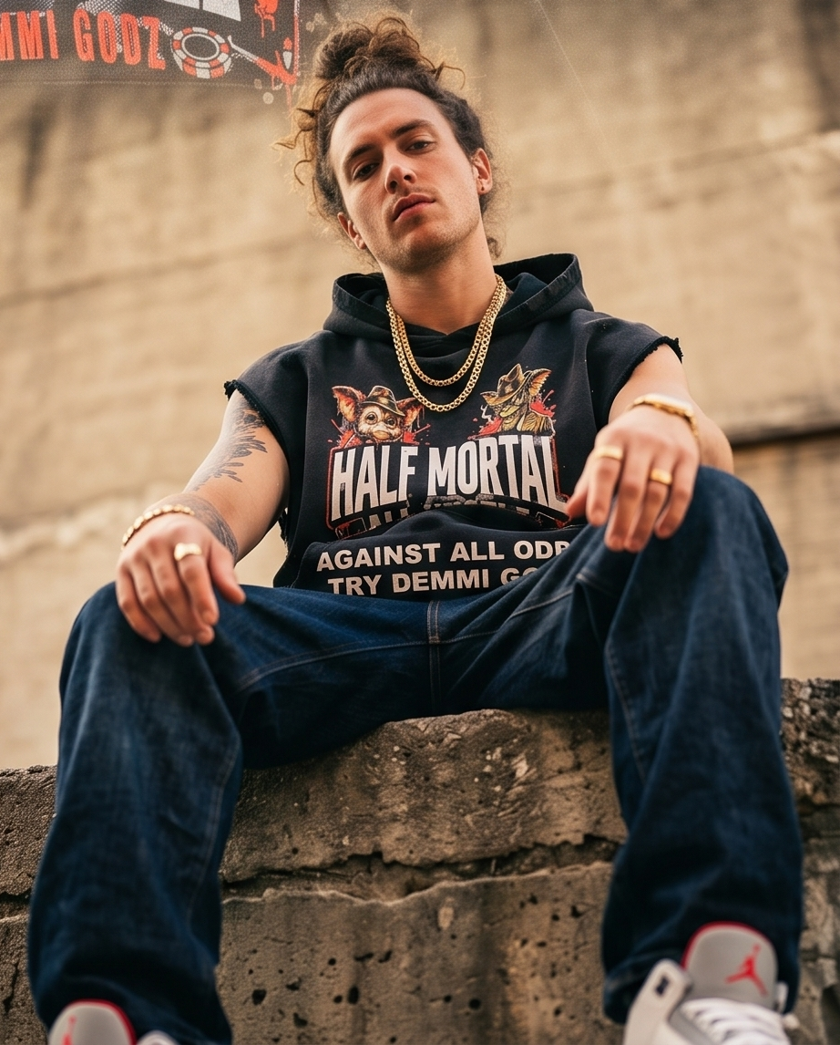 Black Vintage Washed Frayed Fleece Hoodie —  XLarge — "Half Mortal Gremlins" (Streetwear, One‑of‑a‑Kind)