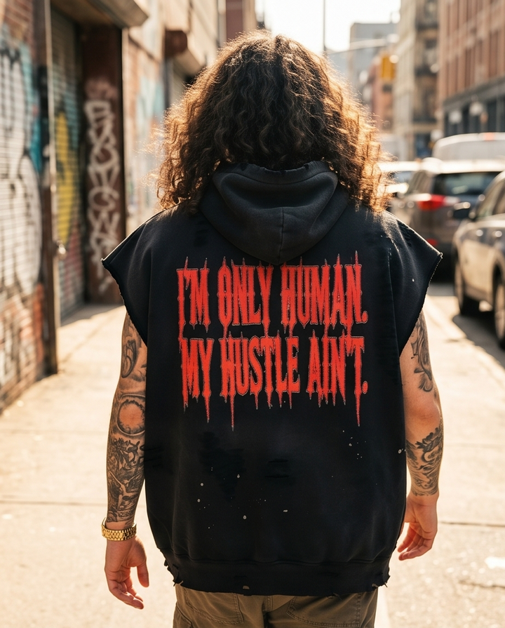 Black Vintage Washed Frayed Fleece Hoodie —  XLarge — "Half Mortal Gremlins" (Streetwear, One‑of‑a‑Kind)