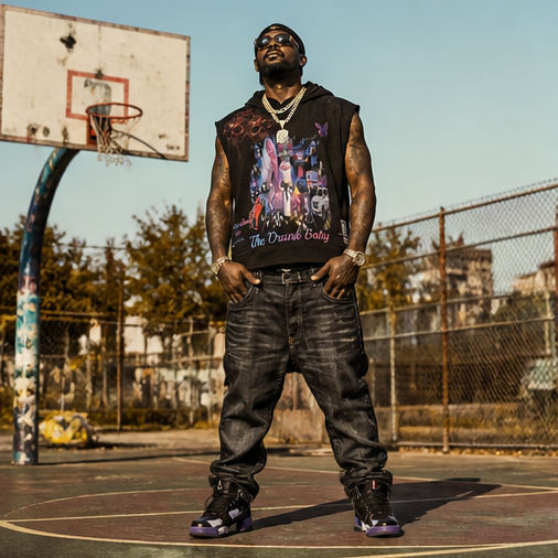 Oversized Black Vintage-Wash Hoodie Tank (Cut-Off Sleeves) — 2XL — "The Drank Baby" Graphic