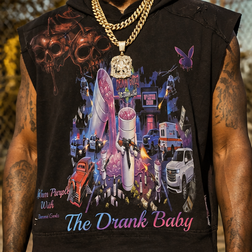 Oversized Black Vintage-Wash Hoodie Tank (Cut-Off Sleeves) — 2XL — "The Drank Baby" Graphic