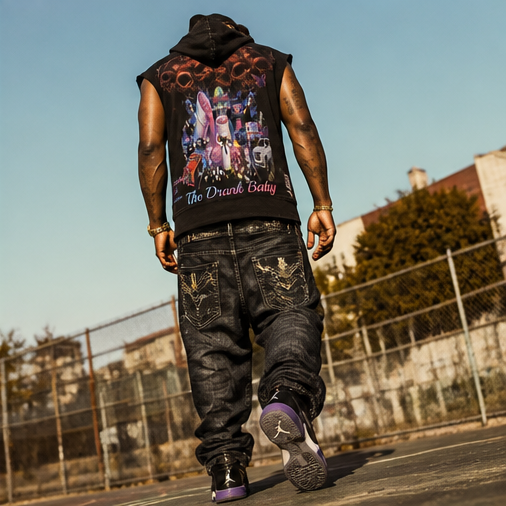 Oversized Black Vintage-Wash Hoodie Tank with Cut-Off Sleeves – 2XL Drank Baby Graphic for Ultimate Stylish Comfort