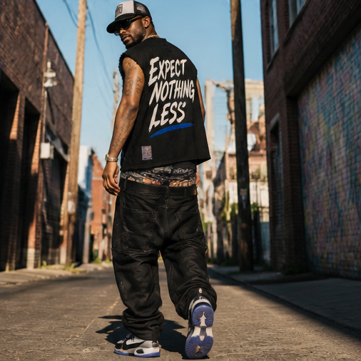 One-of-a-Kind Urban Streetwear Tee - Harmony in The Haze Graphic, Snow-Washed Oversized L, Distressed Cutoff Sleeves