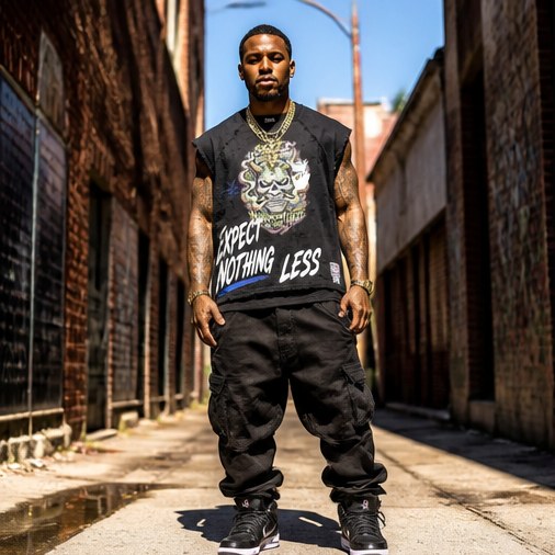 One-of-a-Kind Urban Streetwear Tee - Harmony in The Haze Graphic, Snow-Washed Oversized L, Distressed Cutoff Sleeves