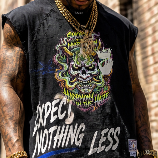 One-of-a-Kind Urban Streetwear Tee — Harmony in The Haze Graphic, Snow-Washed Oversized L, Distressed Cutoff Sleeves