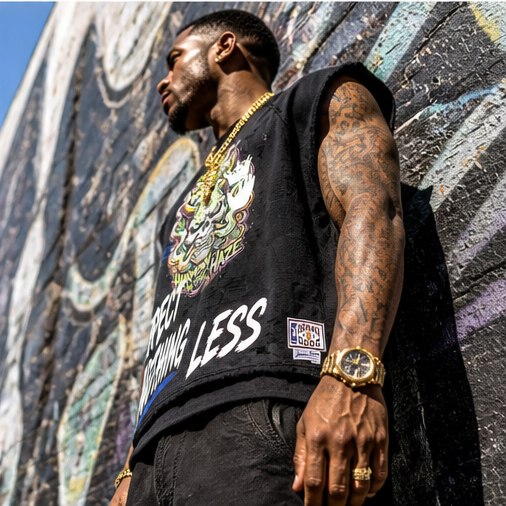One-of-a-Kind Urban Streetwear Tee — Harmony in The Haze Graphic, Snow-Washed Oversized L, Distressed Cutoff Sleeves