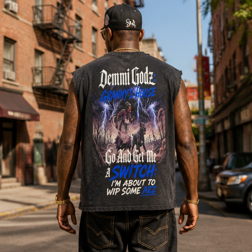 One-of-a-Kind Urban Streetwear Tee - Harmony in The Haze Graphic, Snow-Washed Oversized L, Distressed Cutoff Sleeves