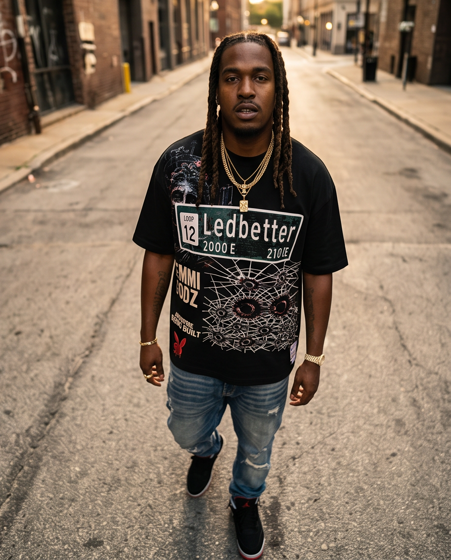 Black Heavyweight 7oz T-Shirt - Ledbetter Graphic (2XL) | Urban Streetwear Collection
