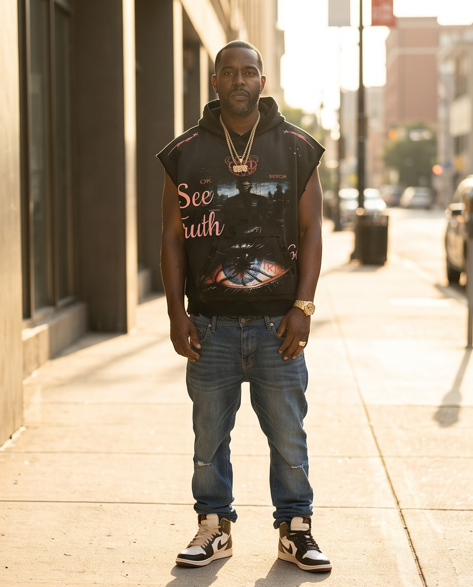 Urban Streetwear Fleece Cut-Off Sleeve Hoodie — Vintage Washed Large, “See The Truth” Graphic