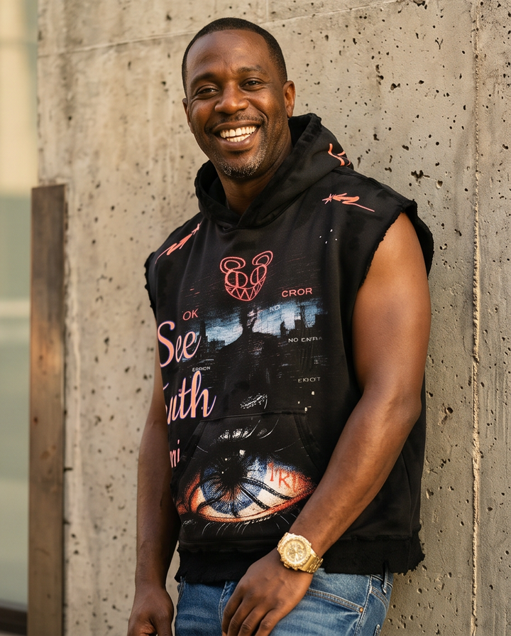 Urban Streetwear Hoodie – Vintage Washed Fleece Cut-Off Sleeves with “See The Truth” Graphic