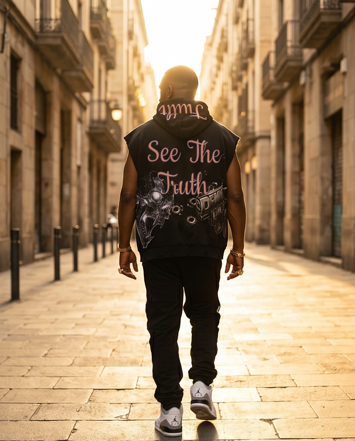 Urban Streetwear Fleece Cut-Off Sleeve Hoodie — Vintage Washed Large, “See The Truth” Graphic