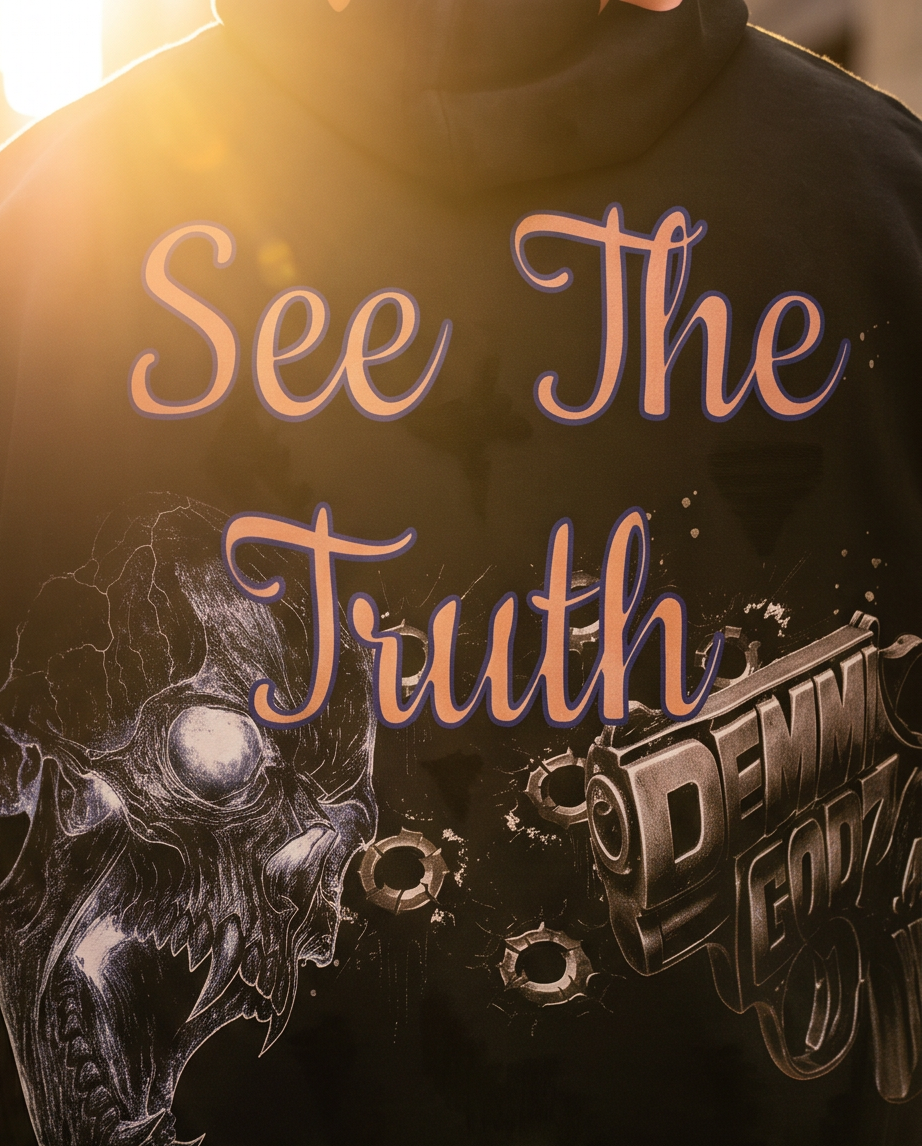 Urban Streetwear Hoodie – Vintage Washed Fleece Cut-Off Sleeves with “See The Truth” Graphic