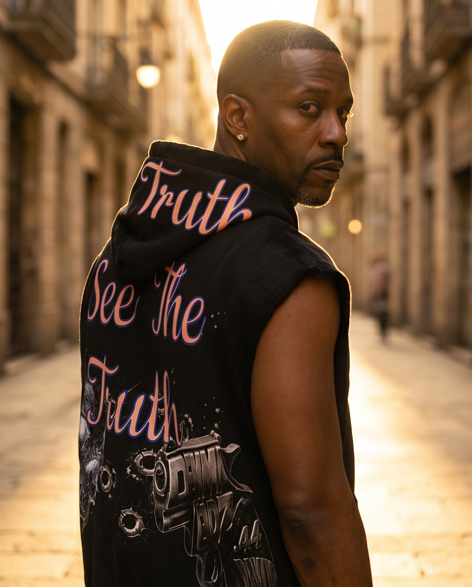 Urban Streetwear Hoodie – Vintage Washed Fleece Cut-Off Sleeves with “See The Truth” Graphic