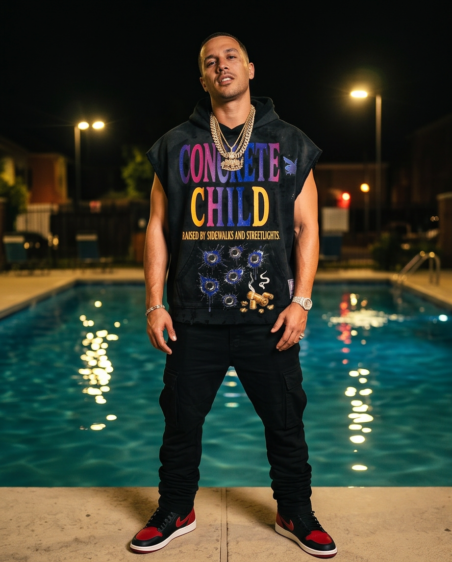 Concrete Child XL Fleece Cut-Off Sleeve Hoodie — Vintage Washed, Distressed Urban Streetwear