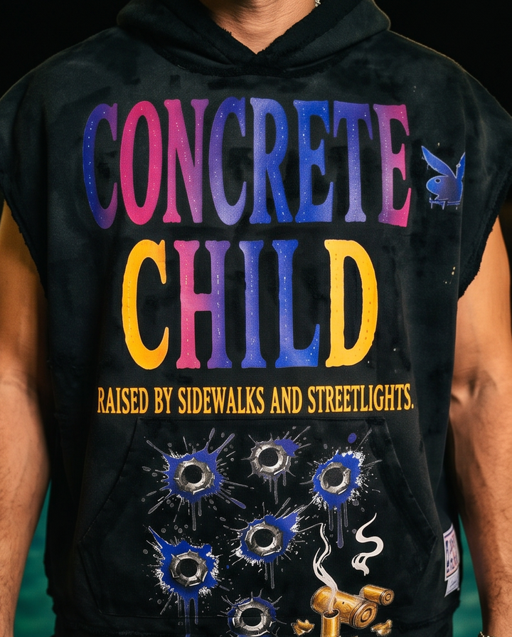 Concrete Child XL Fleece Cut-Off Sleeve Hoodie — Vintage Washed, Distressed Urban Streetwear