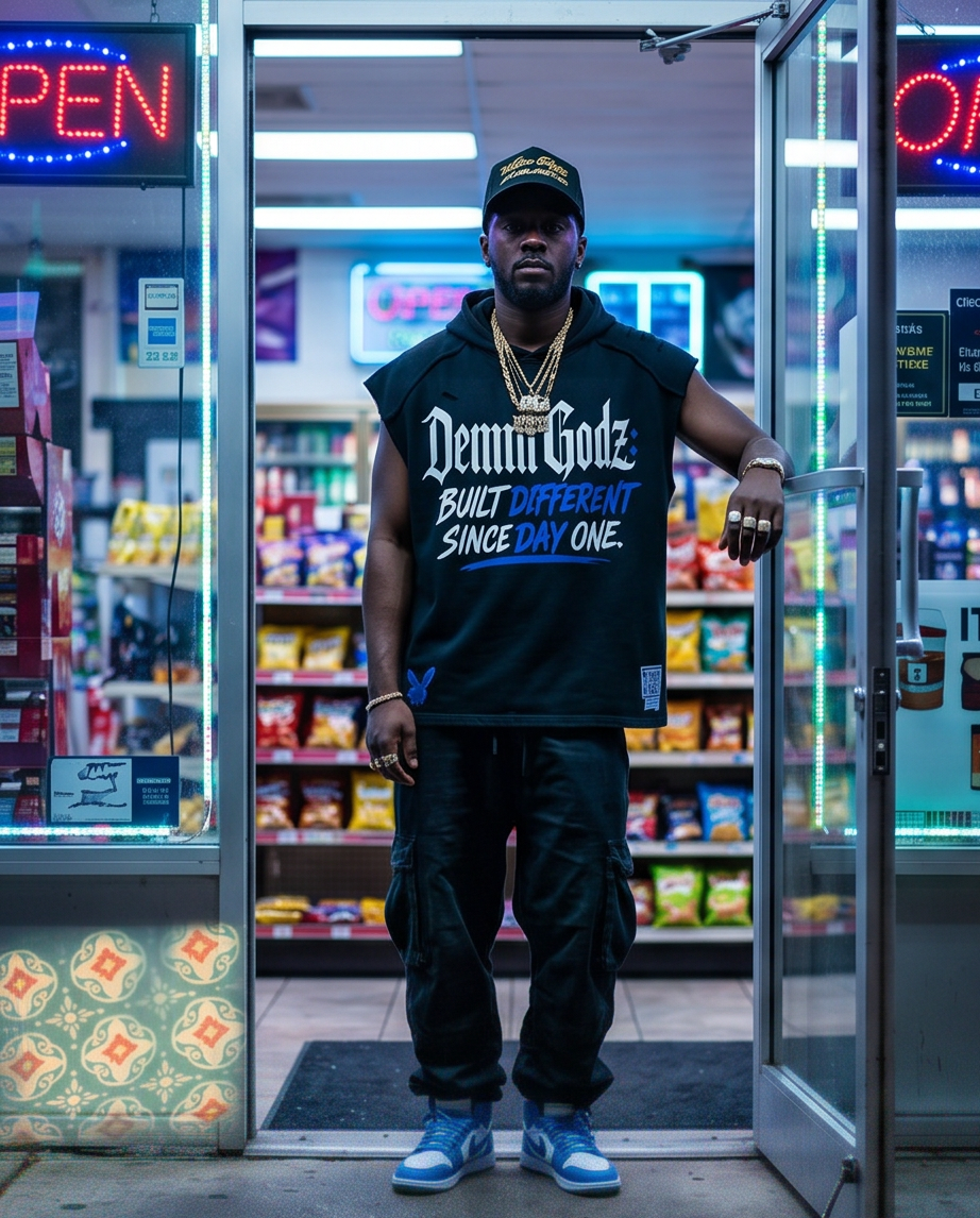 Oversized Black Vintage-Wash Hoodie Tank Top — 2XL — Built Different Graphic | Urban Streetwear