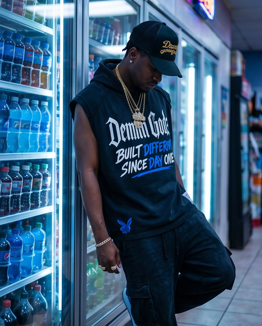Oversized Vintage Hoodie Tank Top - Black Vintage-Wash 2XL with Built Different Graphic | Urban Streetwear
