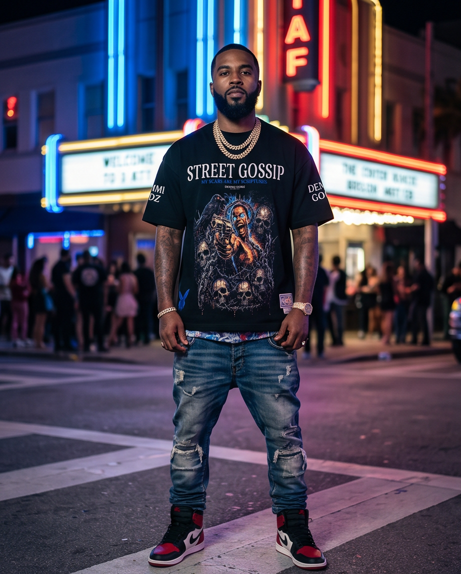 Model wearing the one-of-a-kind Street Gospel black heavyweight XL tee showing off the boxy, oversized urban streetwear fit.