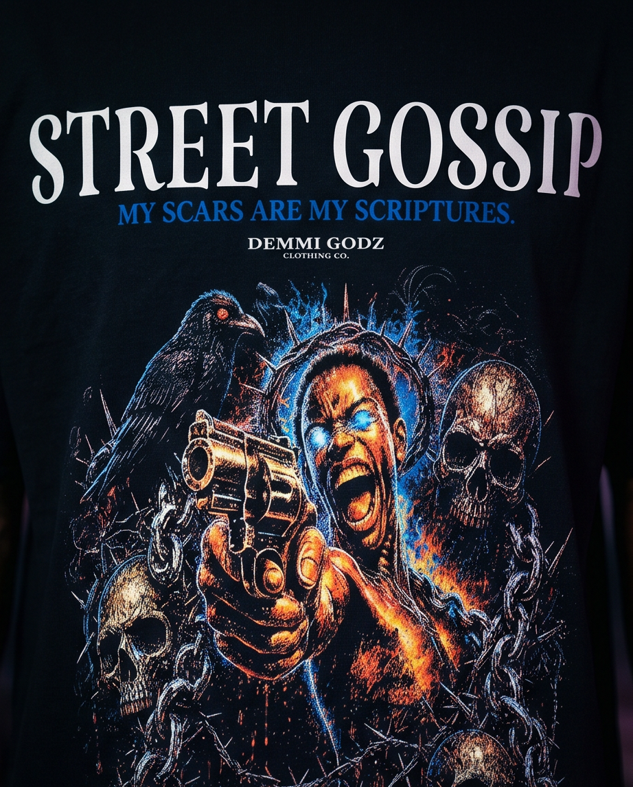 Detailed close-up of the high-quality Street Gospel graphic print on a premium 7oz black cotton heavyweight t-shirt.