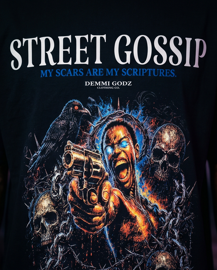 Detailed close-up of the high-quality Street Gospel graphic print on a premium 7oz black cotton heavyweight t-shirt.