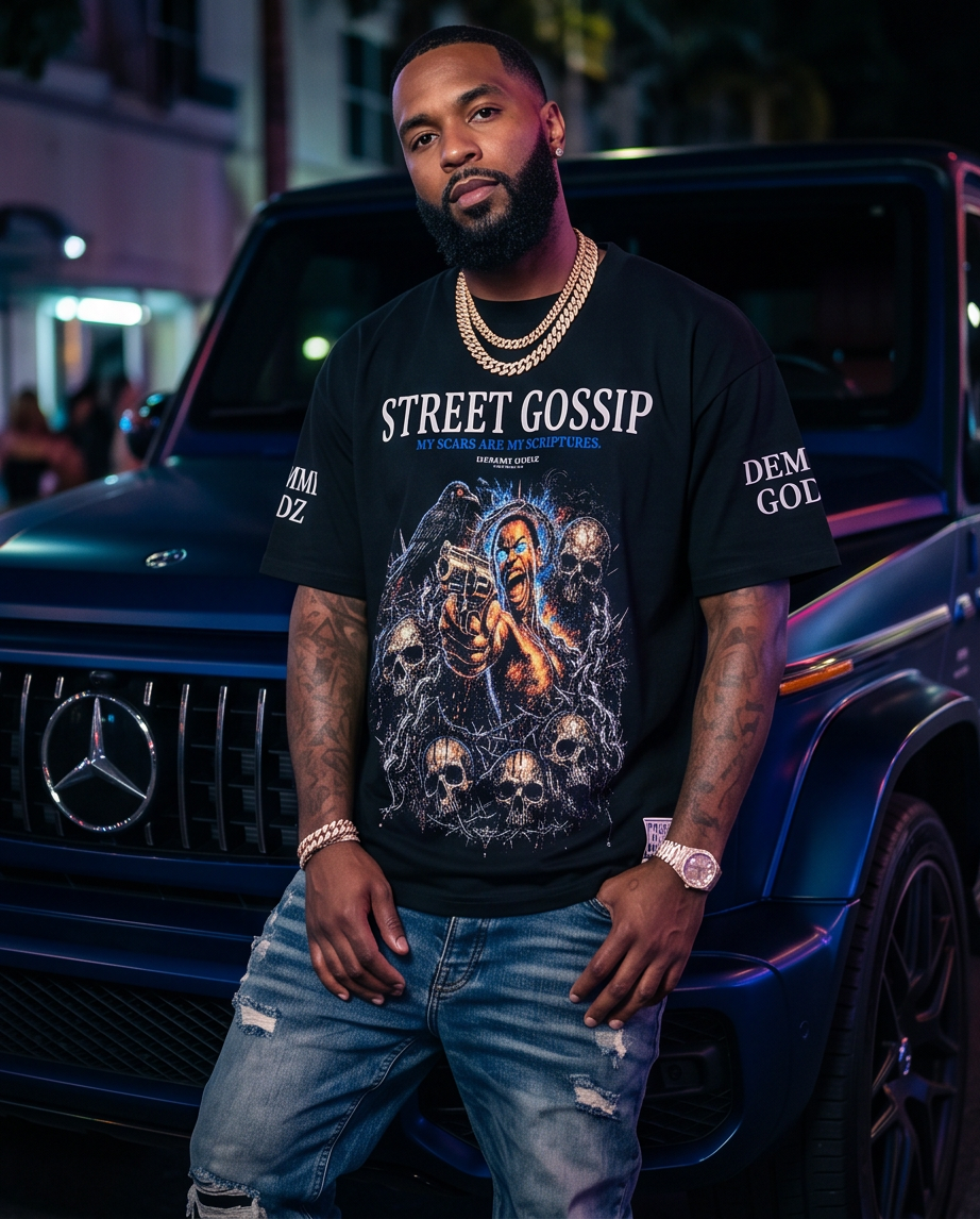 Front view of the black XL heavyweight 7oz streetwear t-shirt featuring the exclusive Street Gospel graphic on the chest.