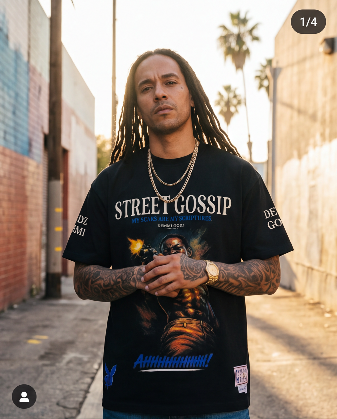 Front view of the black XL heavyweight 7oz streetwear t-shirt featuring the exclusive Street Gospel graphic on the chest.