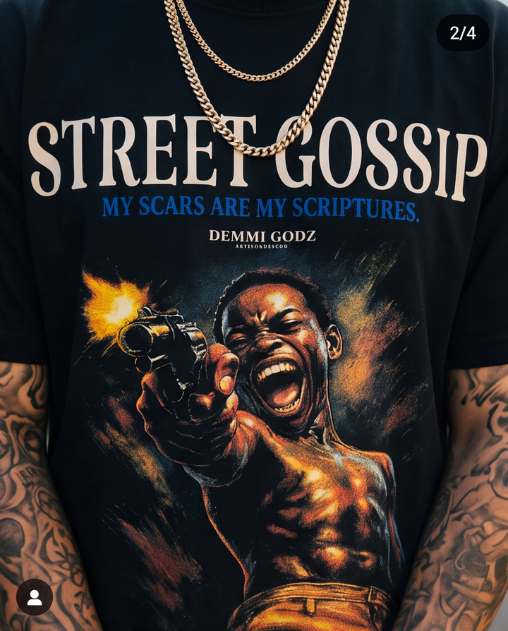 Detailed close-up of the high-quality Street Gospel graphic print on a premium 7oz black cotton heavyweight t-shirt.