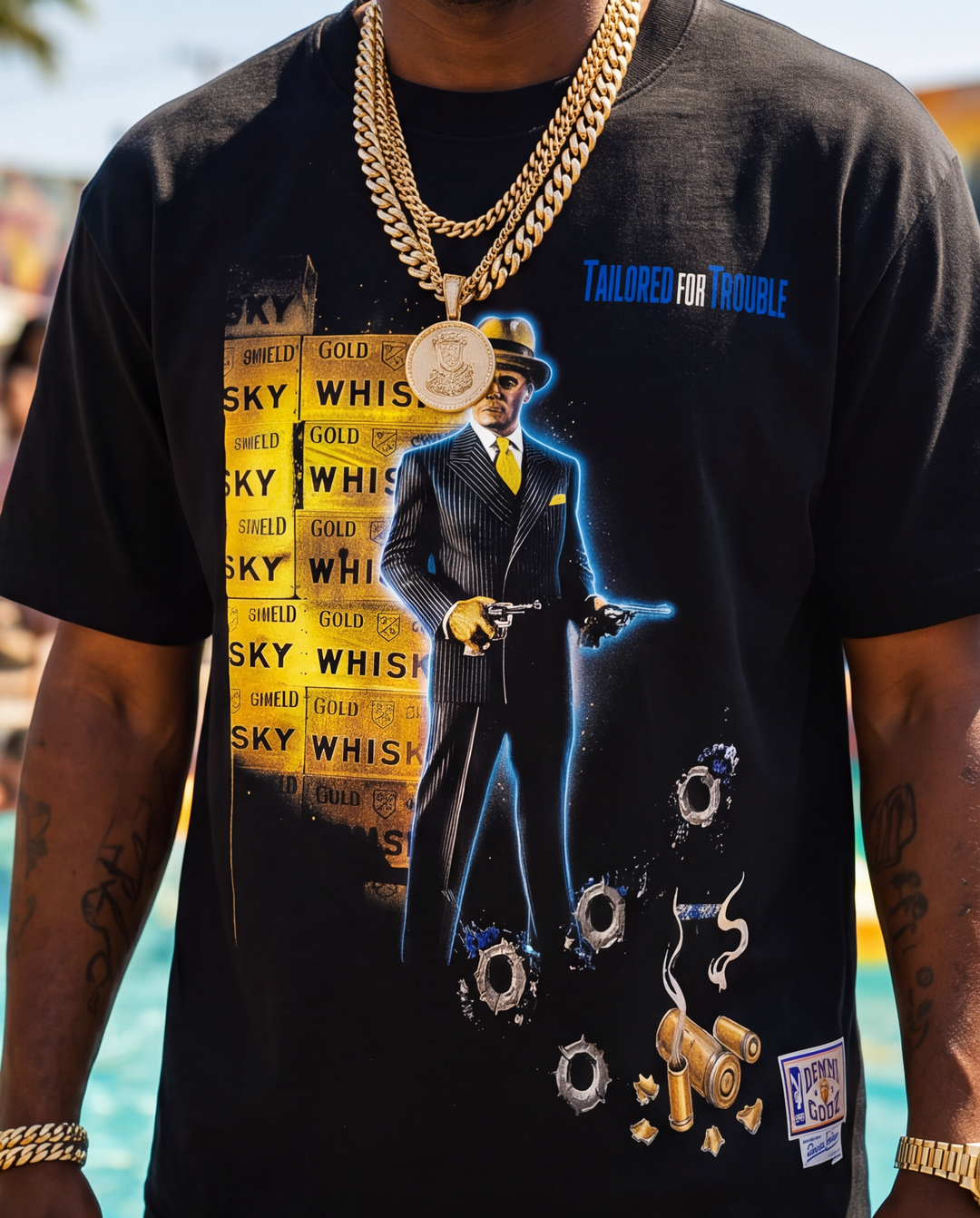 Detailed close-up of the high-definition gangster graphic print on the chest of a premium black 7oz cotton heavyweight tee.