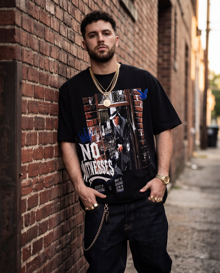 Front view of a black 2XL urban streetwear heavyweight t-shirt featuring a bold "No Witness" graphic across the chest.