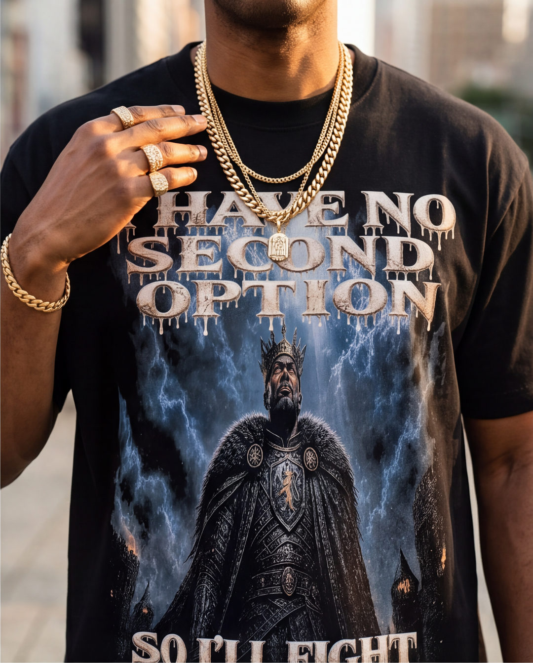 Close-up detail of the premium 7oz heavyweight cotton fabric texture and high-quality "No Second Opinion" graphic print on a black streetwear tee.