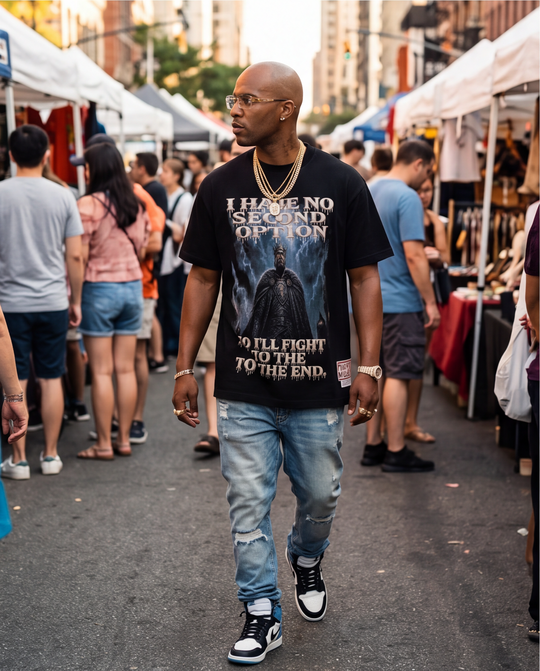 Front view of the black XL heavyweight urban streetwear t-shirt featuring the bold "No Second Opinion" graphic print on the chest.