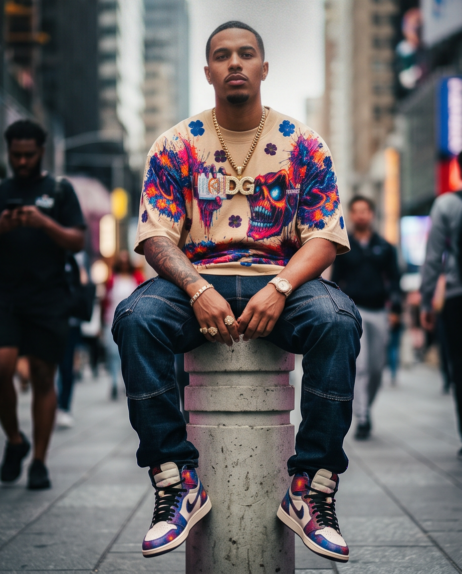 Full front view of a model styling "The Drinking Skull" oversized cropped hoodie in desert beige, showcasing its relaxed, one-of-a-kind urban streetwear aesthetic.