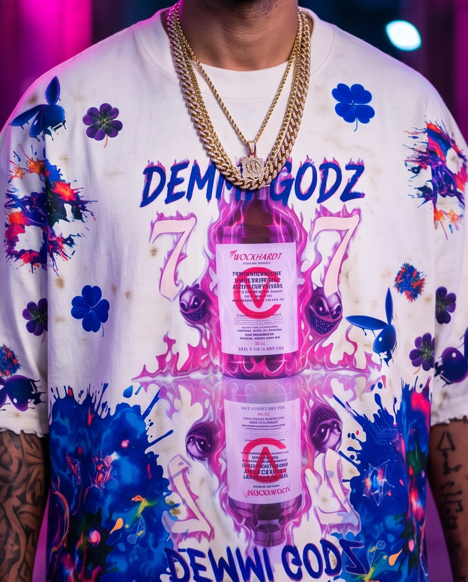Close-up of the front graphic on the Off-White "The Drank" tee, showing the high-quality print texture juxtaposed with custom hand-burned holes and frayed fabric detailing