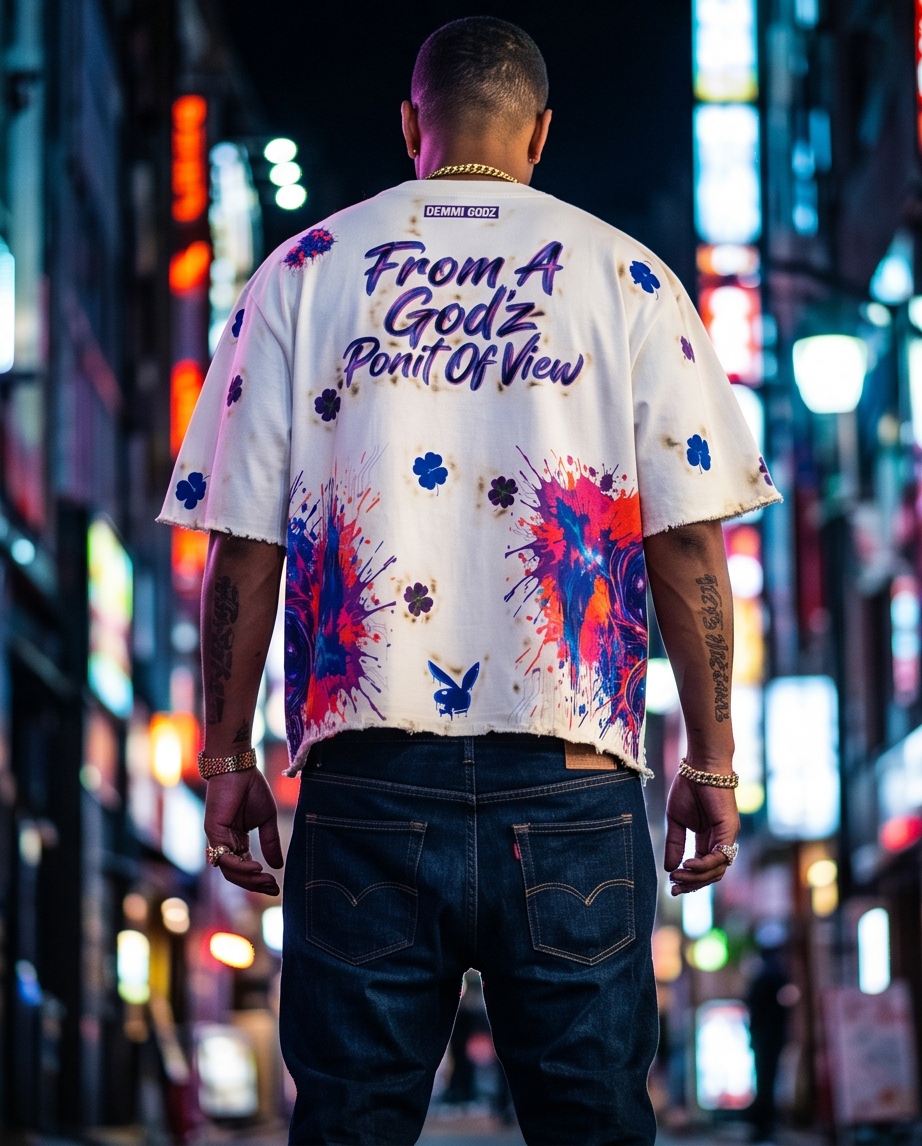 Full back view of the oversized cropped Off-White t-shirt, highlighting the medium length silhouette, clean drape, and strategic distressed elements along the collar and hem.