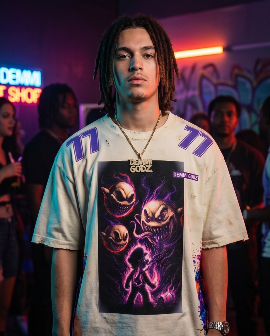 Front view of a 1-of-1 custom Off-White "The Drank Mario" graphic top in size Large, featuring an oversized cropped fit, medium length, and unique distressed styling.