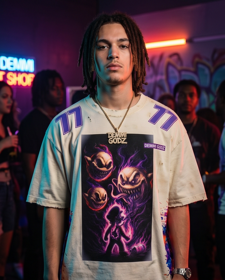Front view of a 1-of-1 custom Off-White "The Drank Mario" graphic top in size Large, featuring an oversized cropped fit, medium length, and unique distressed styling.