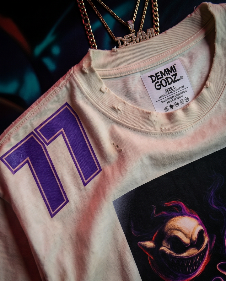 Close-up shot of the "The Drank Mario" graphic on an Off-White streetwear top, showing the detailed custom burned accents and raw distressed textures.
