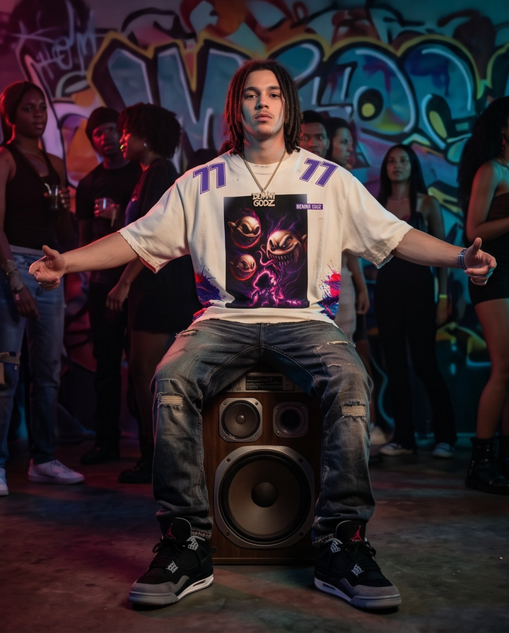 Styled front view of the boxy, oversized cropped Off-White "The Drank Mario" top, showcasing its urban streetwear aesthetic and unique hand-distressed elements.